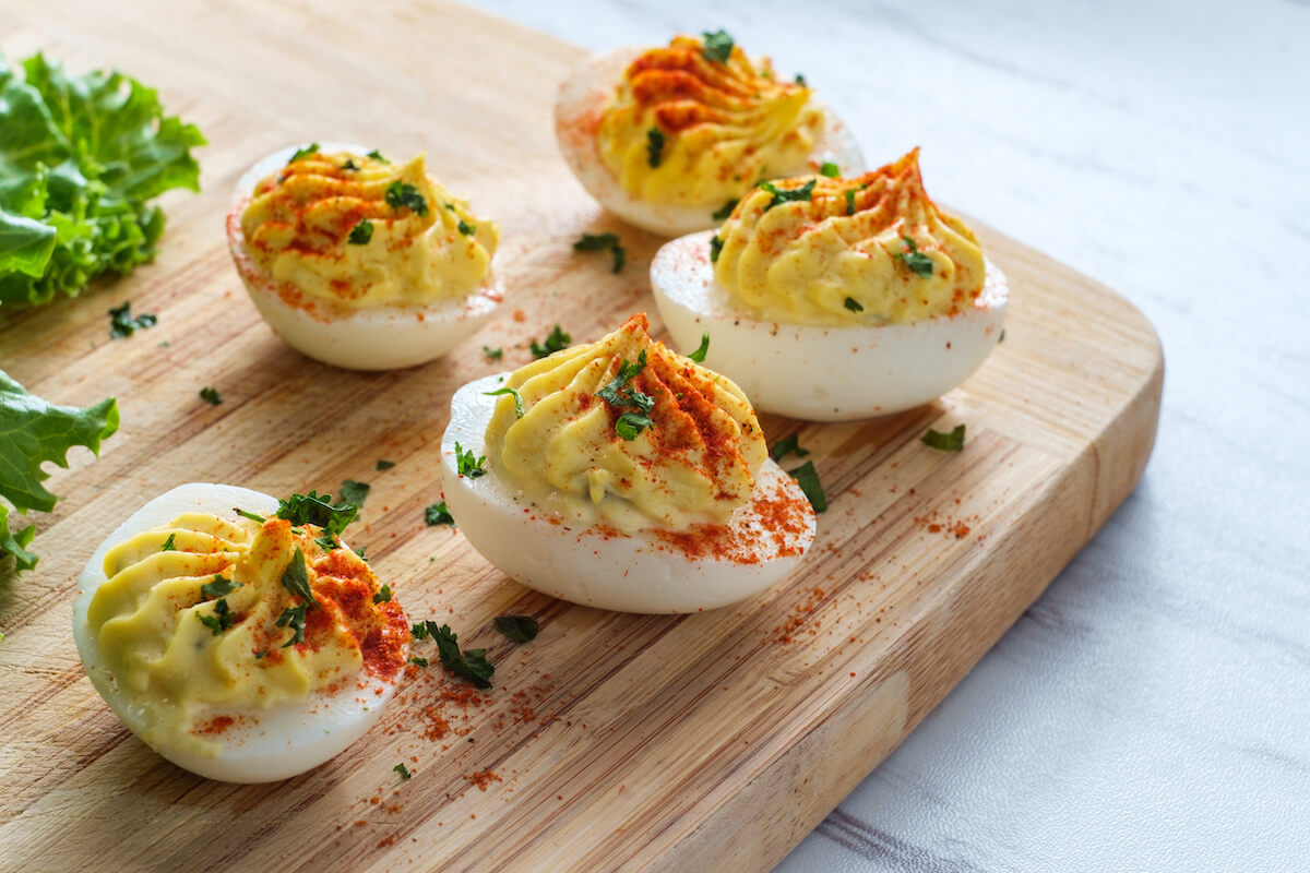 High protein low carb snacks: deviled eggs with paprika
