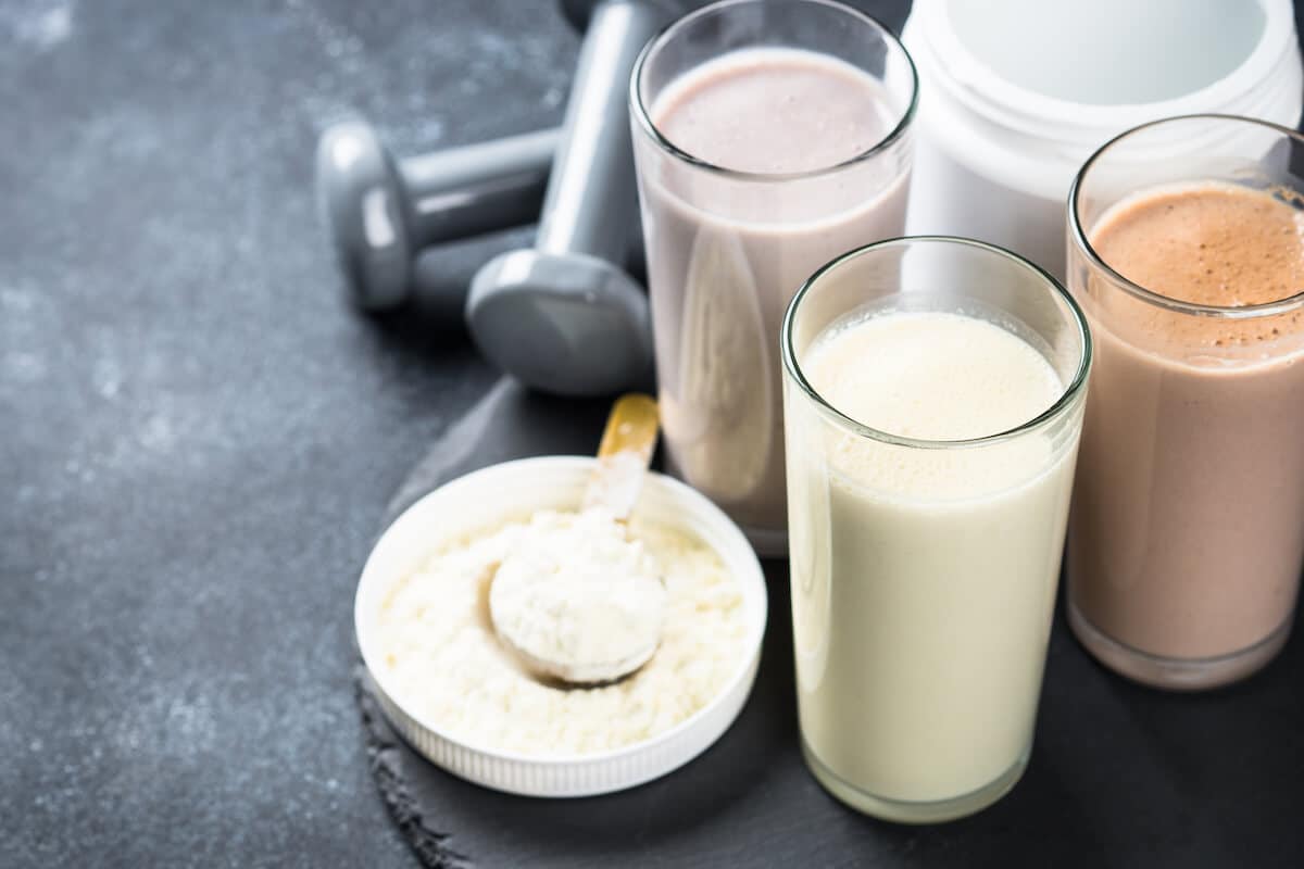 Organic protein powder: different protein shakes in glasses