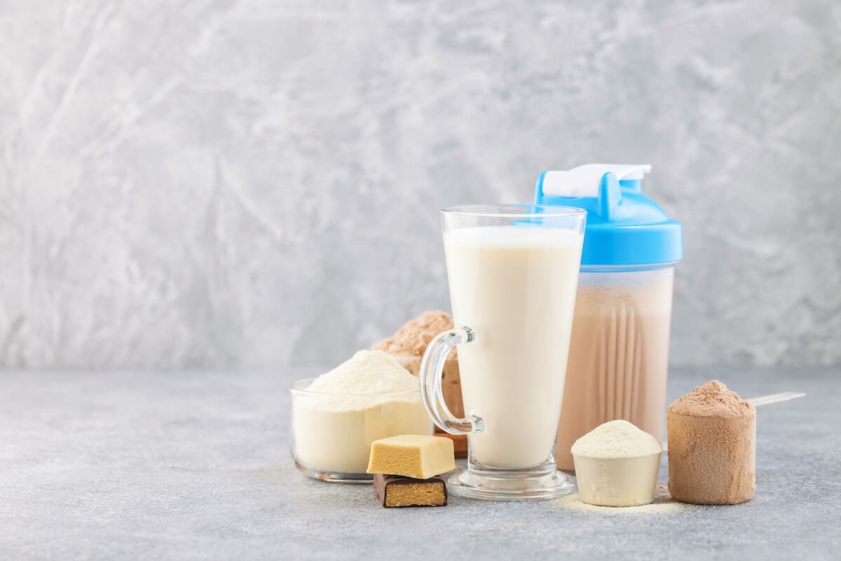Protein shake bottle, protein powder and protein bars